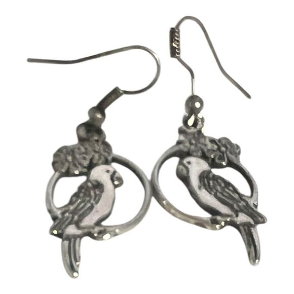 Parrot Earrings Pierced Silver Dangle Bird Tropical Floral Bohemian 1 1/2” Drop - Picture 3 of 9